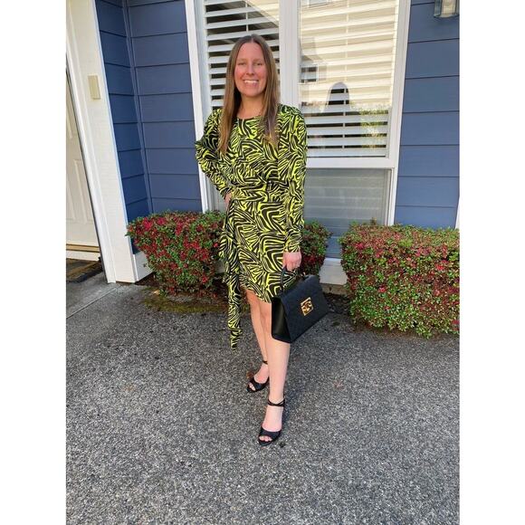 RONNY KOBO Women's Neon Green Zebra Animal Print Side Ruffle Dress Size 10 - Picture 14 of 16